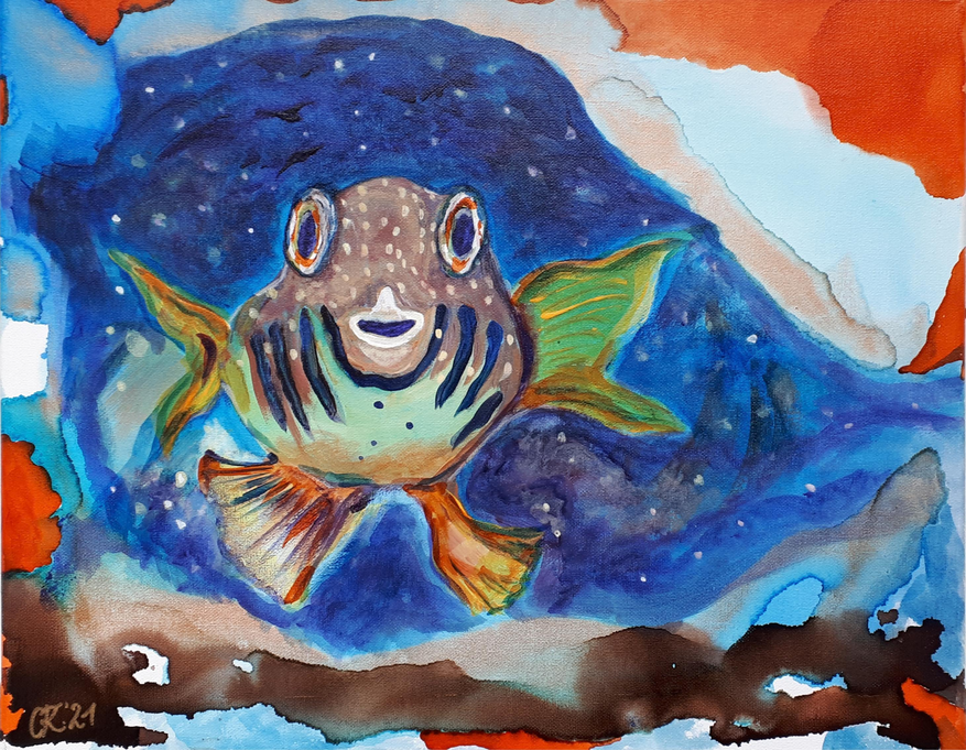 Der verrückte Kugelfisch/ Acryl + Tusche