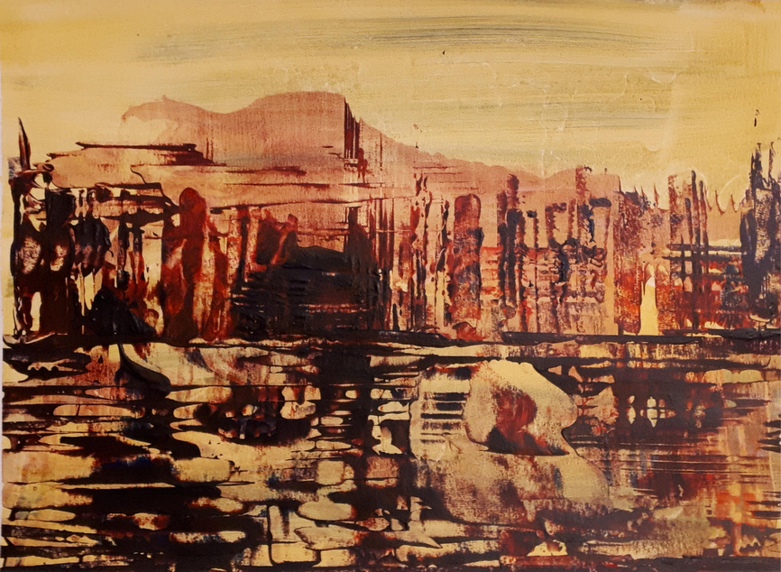 Sun comes over the city / Acryl und Kleisterfarbe