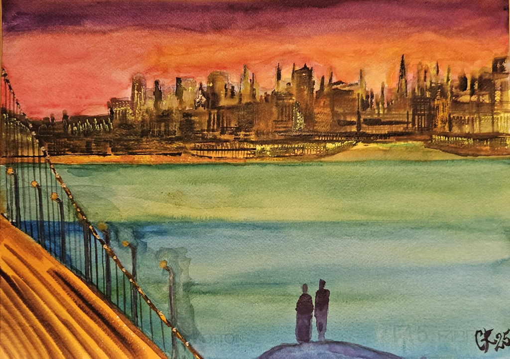 Pärchen vor New York City / Aquarell