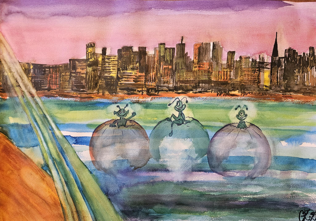 Außerirdische landen vor New York / Aquarell