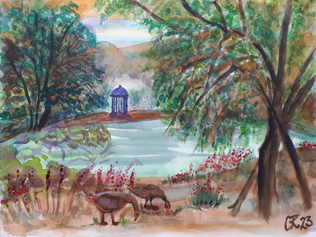Wildgänse am Pagodensee / Aquarell