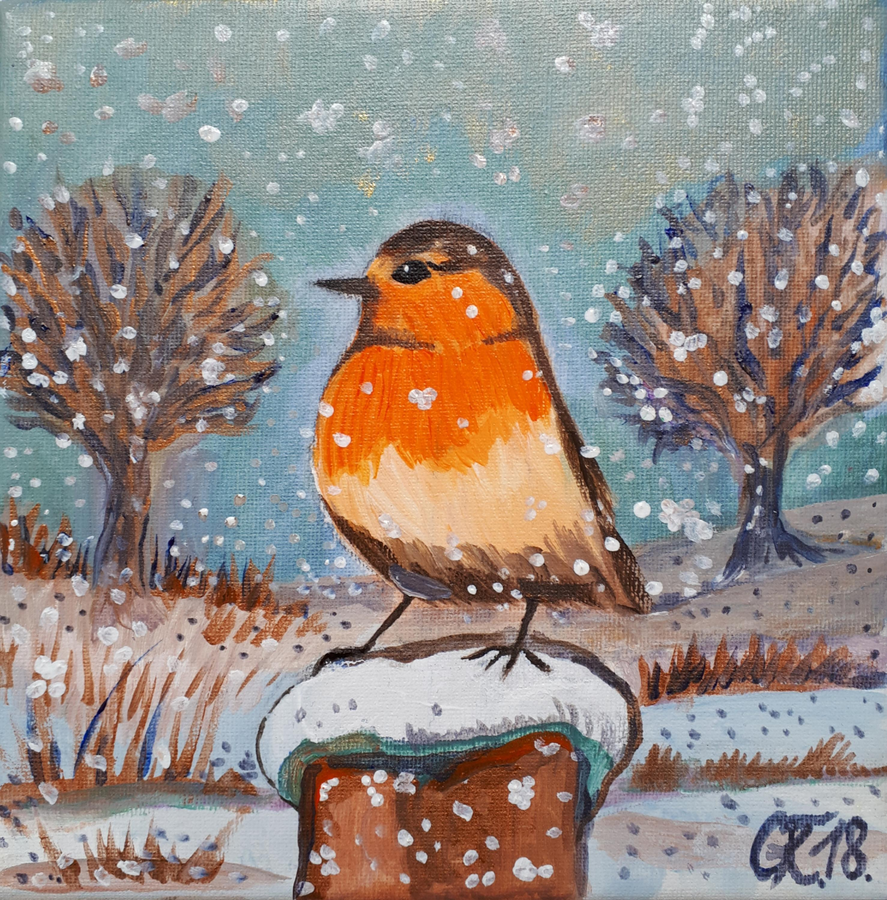 Rotkehlchen im Winter / Acryl