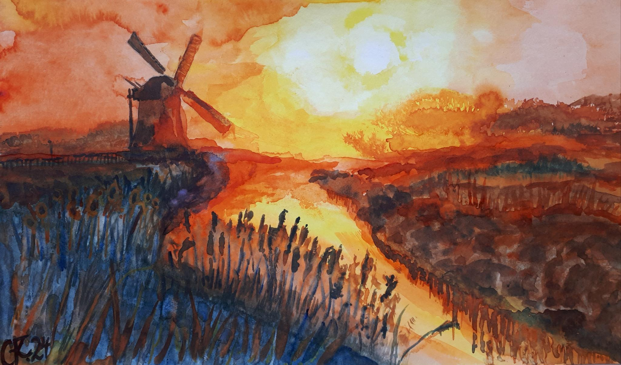 Romantische Mühlenlandschaft / Aquarell