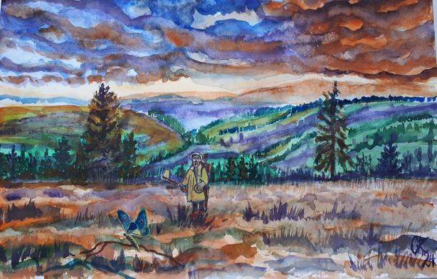 Der Schmetterlingsfänger / Aquarell