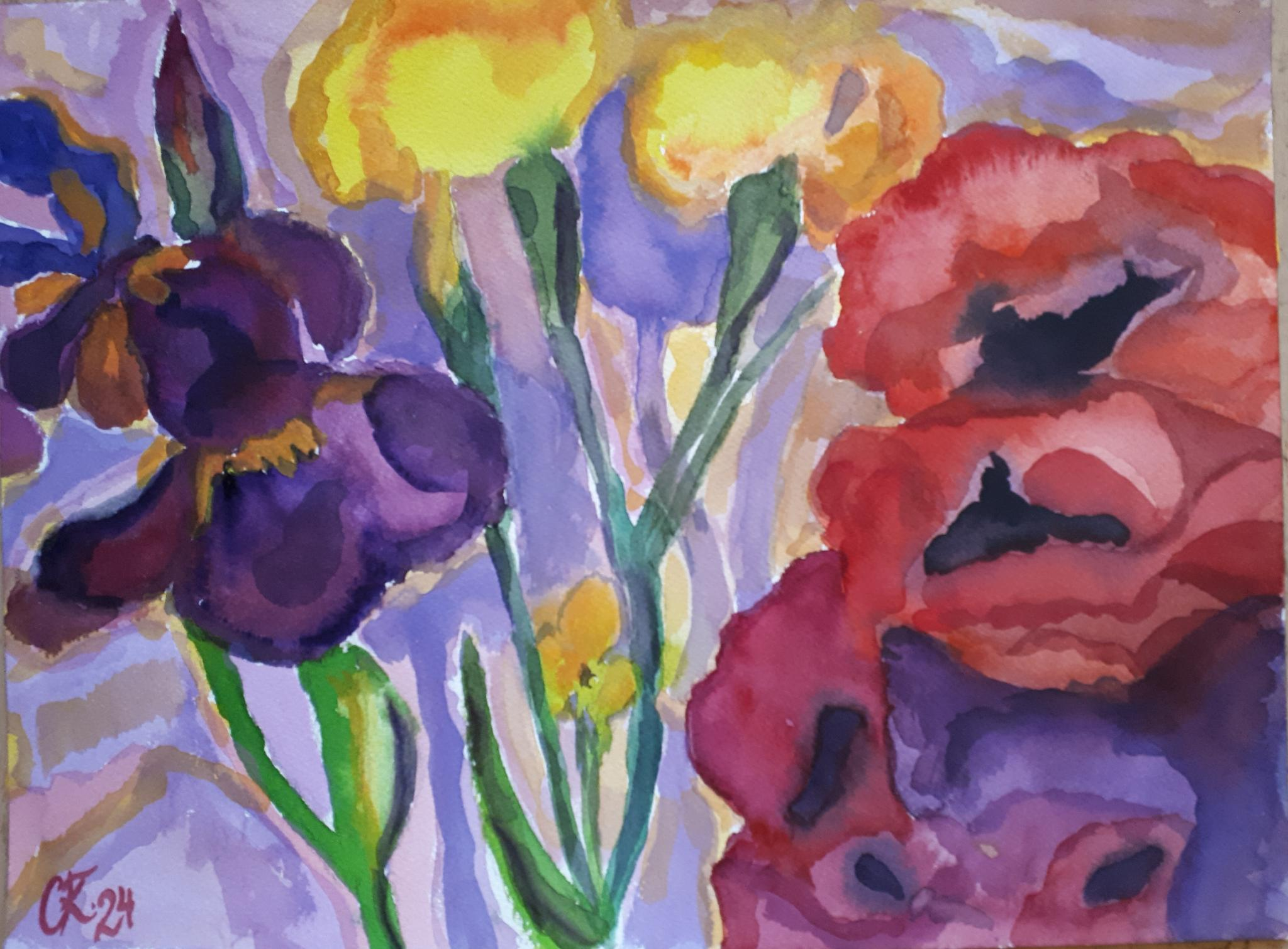 Schwertlilien und Mohn / Aquarell