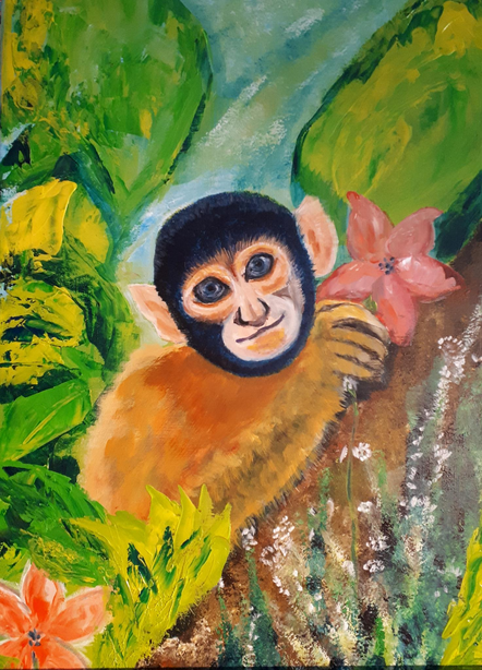 Träumendes Äffchen mit Blüte/ Acryl