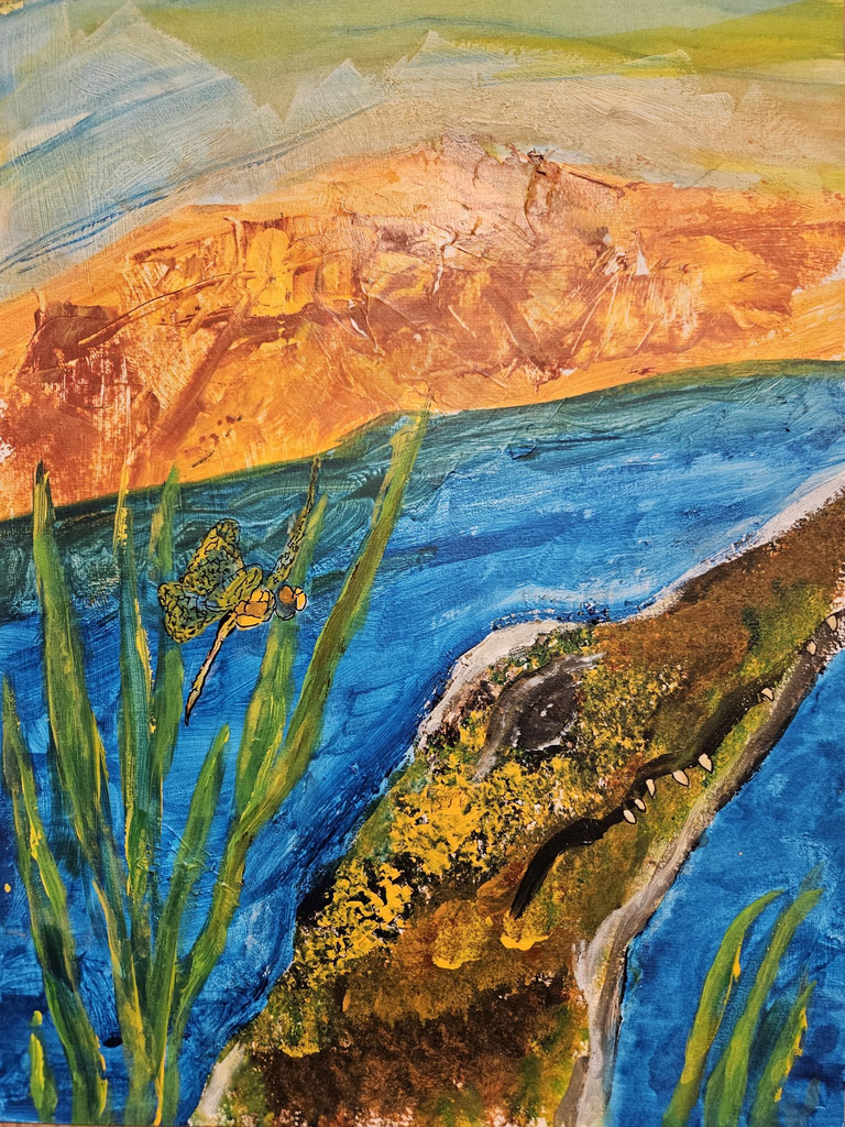 Krokodil mit Libelle / Acryl